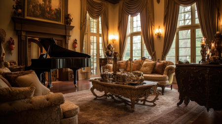 Living room decor, home interior design . Traditional Glam style with Fireplace decorated with Wood and Marble material . Generative AI AIG26.の素材