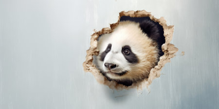 Cute Panda peeking out of a hole in wall, torn hole, empty copy space frame, mockup. Generative AI image weber.の素材