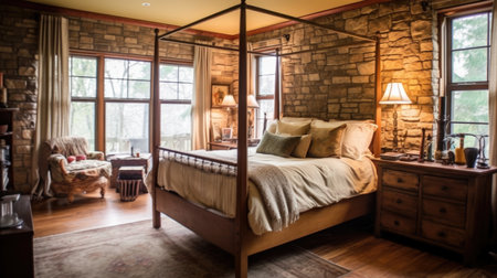 Bedroom decor, home interior design . Rustic Farmhouse style with Stone Fireplace decorated with Wood and Metal material . Generative AI AIG26.の素材