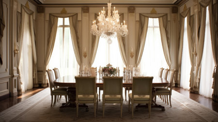 Interior design inspiration of Traditional Elegant style home dining room loveliness decorated with Wood and Crystal material and Chandelier .Generative AI home interior design .の素材