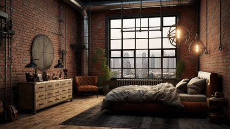 Bedroom decor, home interior design . Industrial Rustic style with Exposed Brick Wall decorated with Metal and Wood material . Generative AI AIG26.の素材