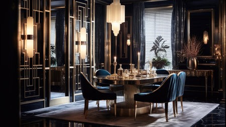 Interior design inspiration of Art Deco Hollywood Glam style home dining room loveliness decorated with Marble and Velvet material and Chandelier .Generative AI home interior design .の素材