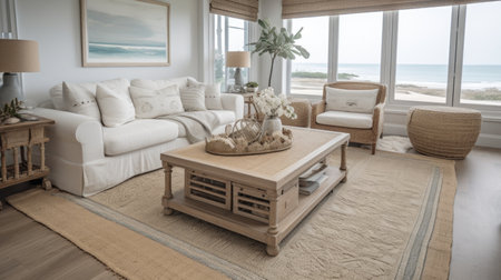 Living room decor, home interior design . Coastal Bohemian style with Ocean View decorated with Rattan and Linen material . Generative AI AIG26.の素材
