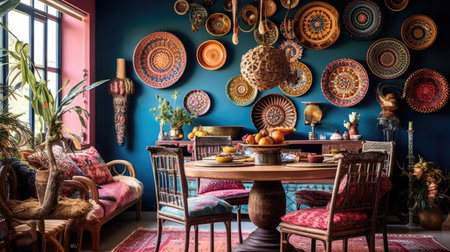 Interior design inspiration of Bohemian Eclectic style home dining room loveliness decorated with Rattan and Velvet material and Statement Wall .Generative AI home interior design .の素材