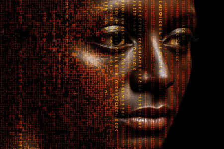 A binary code with human face shape on dark background. Generative AI AIG27.の素材