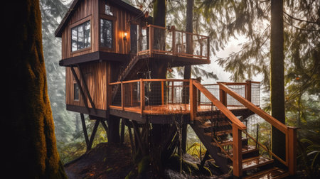 The treehouse exterior in the forest in Canada. Generative AI image AIG30.の素材