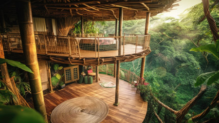 Balcony of tropical treehouse in jungle. Generative AI image AIG30.の素材