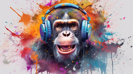 candid shot of an excited party monkey ape with headphones. beautiful Generative AI AIG32の素材