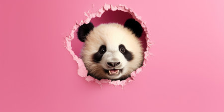 Cute Panda peeking out of a hole in wall, torn hole, empty copy space frame, mockup. Generative AI image weber.の素材
