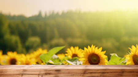 The empty wooden table top with blur background of sunflower field. Exuberant image.の写真素材