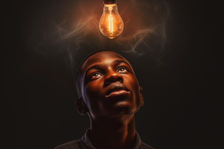 bright light bulb floating above of young african mans head. beautiful Generative AI AIG32の素材