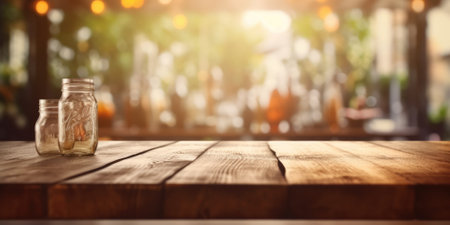 The empty wooden table top with blur background of indoor vintage cafe. Generative AI image AIG30.の素材