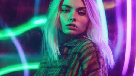 Beautiful model with colorful and trendy outfit with glowing purple green neon light, colorful dyed hair and fashionable glitch core teenager girl. Picturesque generative AIの素材