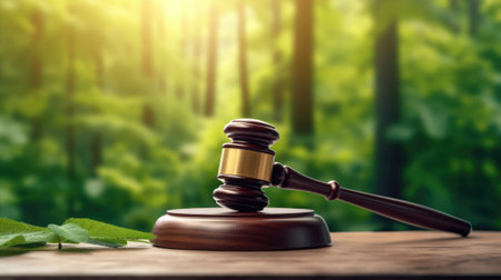 A gavel on a table top with green forest in blur background. beautiful Generative AI AIG32の素材
