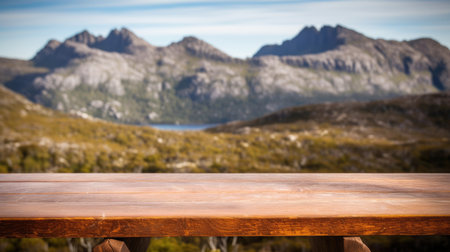 The empty wooden brown table top with blur background of Cradle mountain in Tasmania. Exuberant image.の写真素材