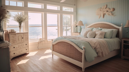 Bedroom decor, home interior design . Coastal Nautical style with Ocean View decorated with Wood and Wicker material . Generative AI AIG26.の素材