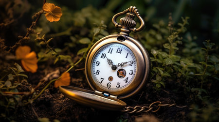 Old vintage clock ticking as concept of uncertainty future and past with imaginative surreal background. Picturesque generative AIの素材