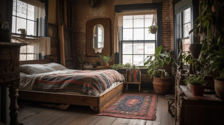 Bedroom decor, home interior design . Rustic Bohemian style with Window decorated with Brick and Textile material . Generative AI AIG26.の素材