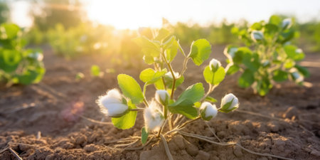 Springtime cotton field with fresh, green sprouts in soft focus. beautiful Generative AI AIG32の素材