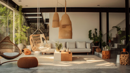 Modern open space minimal living room interior design with rattan furniture, large windows, and nature view. Generative AI AIG27.の素材