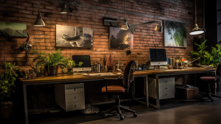 Inspiring office interior design Industrial style Office featuring Exposed bricks architecture. Generative AI AIG 31.の素材