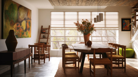 The vintage dining room interior with wooden furniture and carpet on the floor. Generative AI AIG27.の素材