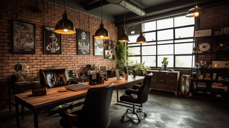 Inspiring office interior design Industrial style Corporate Office featuring Exposed brick wall architecture. Generative AI AIG 31.の素材