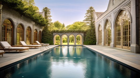 The outdoor swimming pool in backyard of the luxury mansion. Generative AI AIG27.の素材