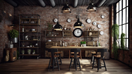 Interior design inspiration of Industrial Rustic style home dining room loveliness decorated with Metal and Wood material and Exposed brick wall .Generative AI home interior design .の素材