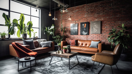 Inspiring office interior design Industrial style Lounge featuring Brick accent architecture. Generative AI AIG 31.の素材
