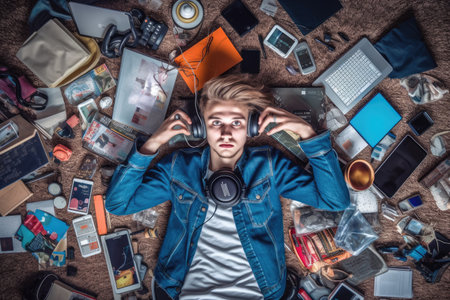 A top view of a Scandinavian teenage male lying on the floor with many electronic devices. Generative AI AIG30.の素材