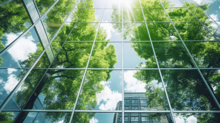 Looking up to the sky, close up view of office windows with reflection of green tree environment. Generative AI image weber.の素材