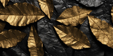 Dry Gold Black leaves Surface textured background, realism, realistic, hyper realistic. Generative AI image weber.の素材