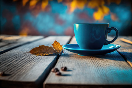 Focus blue color of coffee cup on wooden table with blurred autumn background. Concept of blank space for advertising product. Finest generative AI.の素材