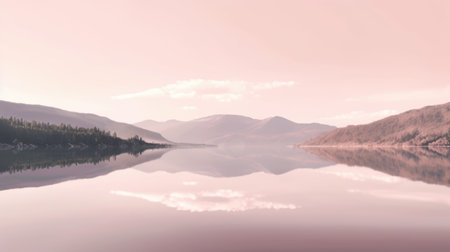 Beautiful mountain lake and natural environment in the morning background. Tranquil pink pastel sunset light in panoramic mountainous and nature lake shore scenery. Picturesque generative AIの素材