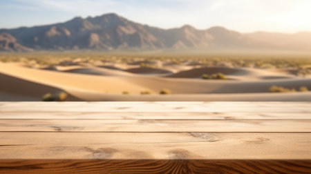 The empty wooden brown table top with blur background of desert dune mountain. Exuberant image.の写真素材