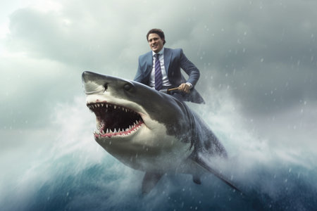 A businessman riding a shark. Generative AI AIG27.の素材