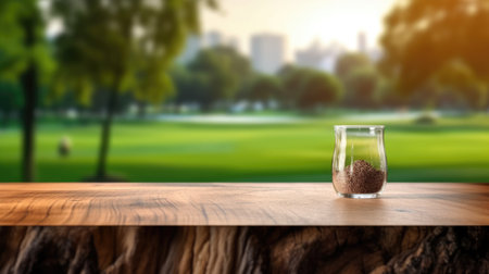 The empty wooden brown table top with blur background of country club. Generative AI image AIG30.の素材