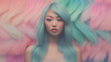 Pink pastel trendy fashion outfit with beautiful asian female model, colorful dyed hair and fashionable teenager girl. Picturesque generative AIの素材