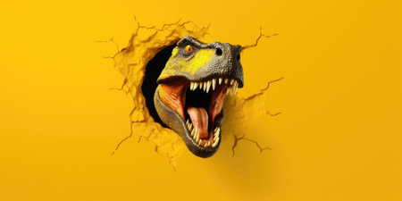 Cute T-Rex peeking out of a hole in wall, torn hole, empty copy space frame, mockup. Generative AI image weber.の素材