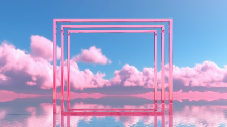 3d rendered Abstract aesthetic background. Surreal fantasy landscape. Water, pink desert, neon square shape chrome metallic gate under the blue sky with white clouds. Virtual reality wallpaperの素材