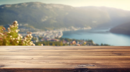 The empty wooden brown table top with blur background of Norway in summer. Exuberant image.の写真素材