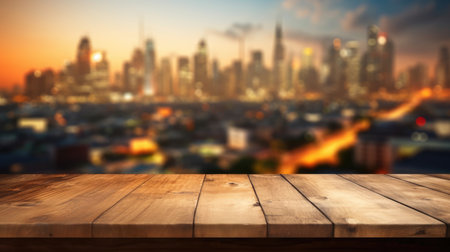 The empty wooden table top with blur background of cityscape. Exuberant image.の写真素材