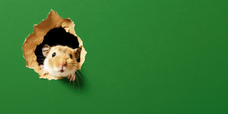 Cute Hamster peeking out of a hole in wall, torn hole, empty copy space frame, mockup. Generative AI image weber.の素材