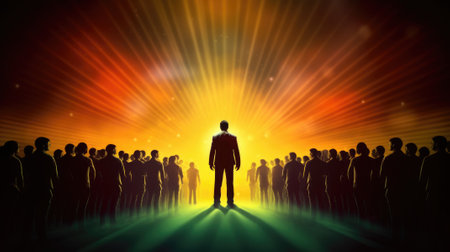 leadership conceptual image, true born leader standing in front of the cheering crowd, vivid color. AIG32. beautiful Generative AI AIG32の素材
