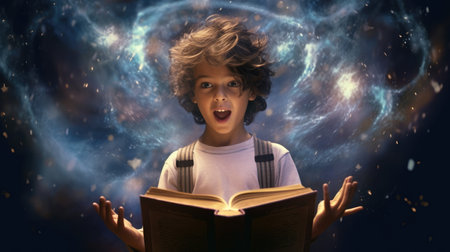 Boy excited with an opened magical book with wave of astral magical elements flowing out. Generative AI image weber.の素材