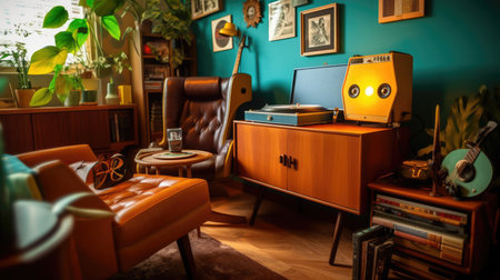 Inspiring office interior design Mid-century style Private office featuring Vintage desk architecture. Generative AI AIG 31.の素材