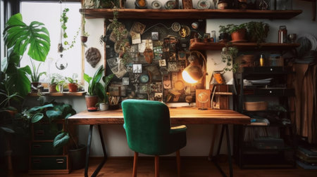 Modern workplace with a laptop in room decorated with green potted plants. Generative AI AIG27.の素材