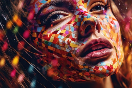 A close-up of a beautiful glitchcore female face is captured in a vibrantly surreal fashion photography style. Generative AI AIG27.の素材