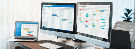 Gatt chart software display on computer screen showing business task timeline and planning schedules for efficient and manageable company project and work flow. Trailblazingの写真素材